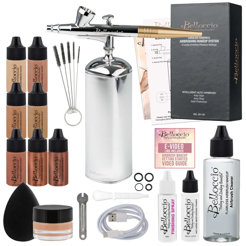 Belloccio Complete Cordless Handheld Airbrush Cosmetic Makeup System With 4 Medium Foundation Shades, 18-Piece Kit, Primer, Blush, Bronzer Highlighter 1