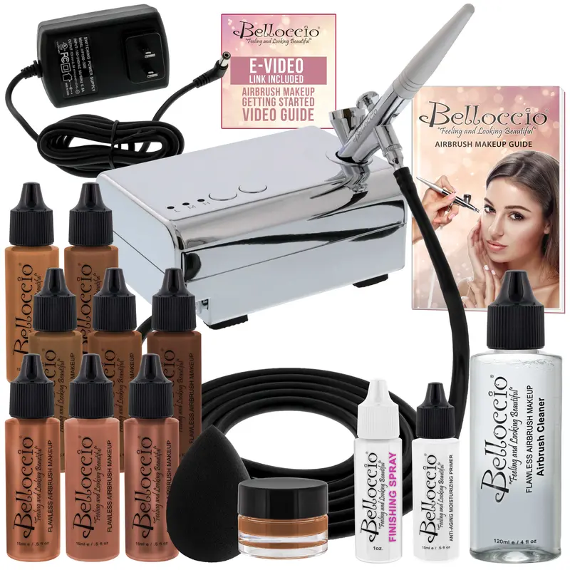 Belloccio Professional Beauty Deluxe Airbrush Cosmetic Makeup System With 5 Dark Shades Of Foundation In 1/2 Oz Bottles 1