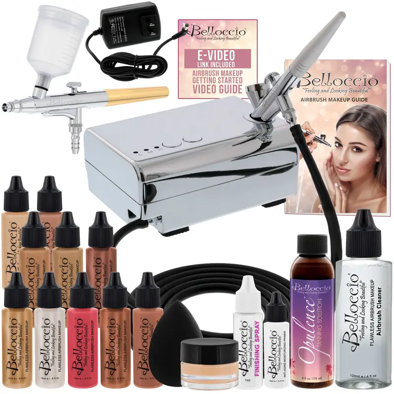Belloccio Ultimate Airbrush Makeup & Spray Tanning System; Makeup & Tanning Airbrushes, Medium Shade Foundations, Blushes & Tanning Solution 1