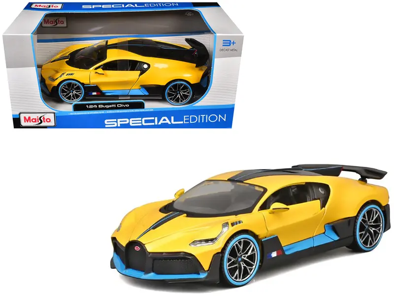 Bugatti Divo Yellow Metallic With Carbon And Blue Accents "Special Edition" 1/24 Diecast Model Car By Maisto 1