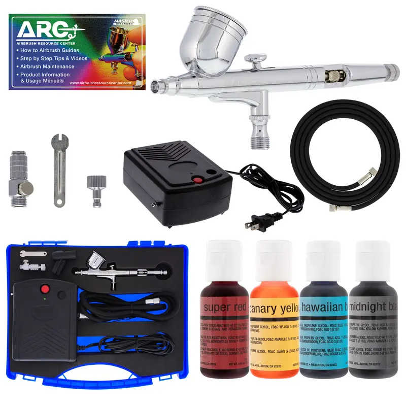 Cake Decorating Airbrushing System Kit With A Set Of 4 Food Colors, Gravity Feed Dual-Action Airbrush, Air Compressor, Hose, Case And How-To Guide 1