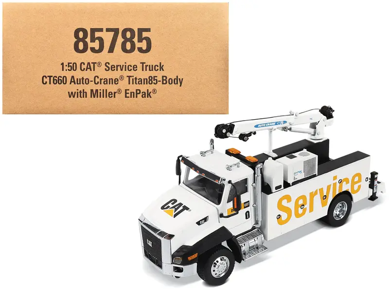 Cat Caterpillar Ct660 Auto-Crane Titan 85 Truck With Miller Enpak White "Transport Series" 1/50 Diecast Model By Diecast Masters 1
