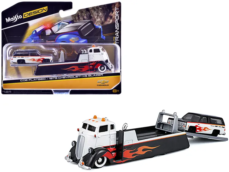 Coe Flatbed Truck White And Black With Flame Graphics And 1979 Chevrolet K5 Blazer Black And White With Flame Graphics "Elite Transport" Series 1/64 Diecast Models By Maisto 1