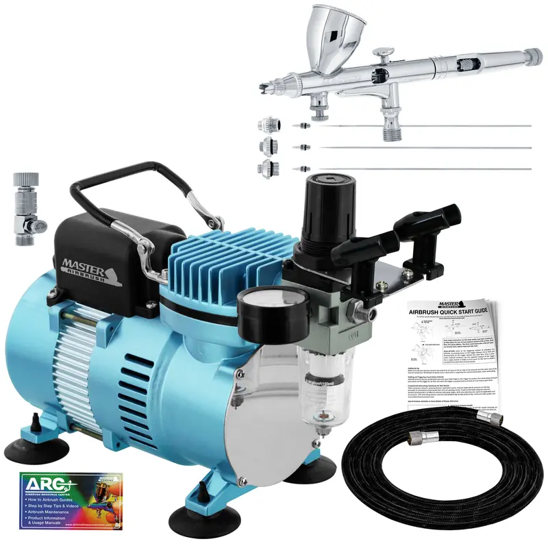 Cool Runner Ii Dual Fan Air Compressor System Kit With A G444 Fine Detail Control Gravity Feed Dual-Action Airbrush Set With 0.2, 0.3, 0.5 Mm Tips 1