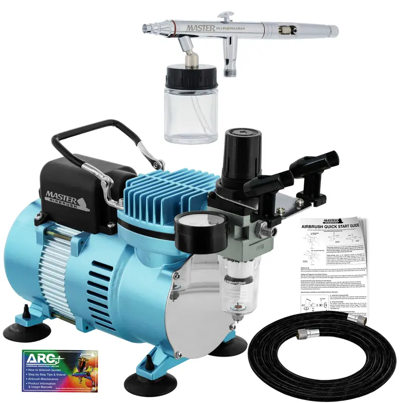 Cool Runner Ii Dual Fan Air Compressor System Kit With Hi-Flow S622 Pro Set Dual-Action Siphon Feed Airbrush Set With 3 Nozzle Sets (0.3, 0.5 & 0.8Mm) 1