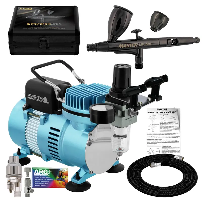 Cool Runner Ii Dual Fan Air Compressor System Kit With Master Elite Plus Elite Level Performance Airbrush Set, Case, 0.3Mm Tip, 2 Cups 1