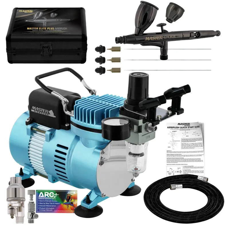 Cool Runner Ii Dual Fan Air Compressor System Kit With Master Elite Plus Ultimate Airbrush Set With 3 Tips 0.2, 0.3 And 0.5 Mm, Case, Dual-Action, Cups 1