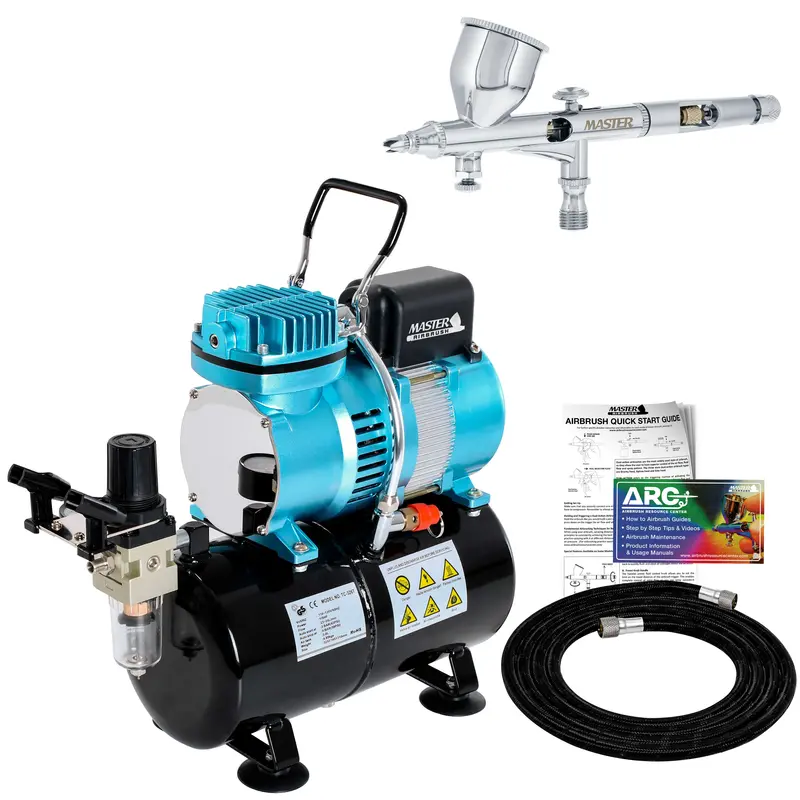 Cool Runner Ii Dual Fan Air Storage Tank Compressor System With Fine Detail Control Gravity Feed Dual-Action Airbrush Set With 0.2 Mm Tip Hose, Holder 1