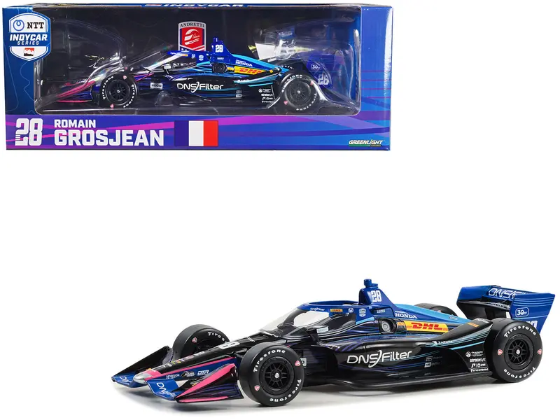 Dallara Indycar #28 Romain Grosjean "Dnsfilter" Andretti Autosport (Road Course Configuration) "Ntt Indycar Series" (2023) 1/18 Diecast Model Car By Greenlight 1