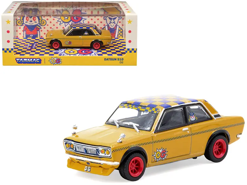 Datsun 510 "Og Beer" Yellow With Checkered Top "Hobby64" Series 1/64 Diecast Model Car By Tarmac Works 1