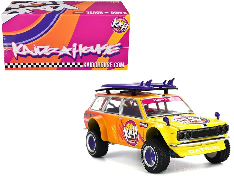 Datsun Kaido 510 Wagon 4X4 Rhd (Right Hand Drive) "Kaido Islands V1" Yellow To Red Gradient With Surfboards (Designed By Jun Imai) "Kaido House" Special 1/64 Diecast Model Car By Mini Gt 1