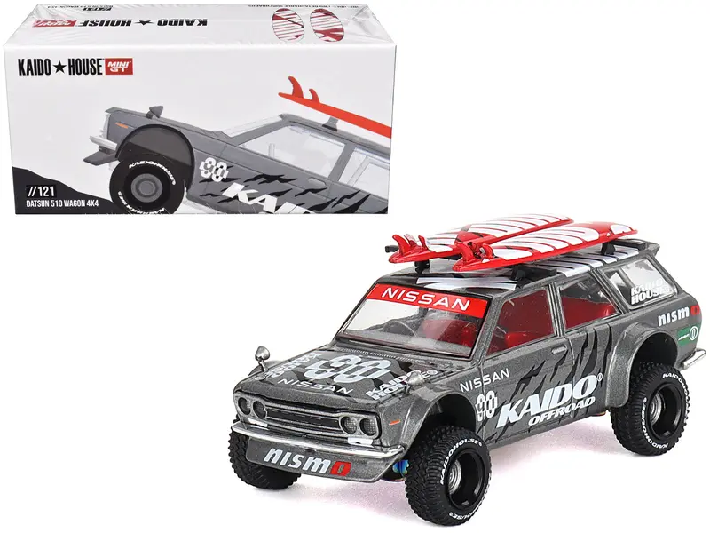 Datsun Kaido 510 Wagon 4X4 Rhd (Right Hand Drive) "Kaido Offroad V1" Gray Metallic With Red Interior And Surfboards On Roof (Designed By Jun Imai) "Kaido House" Special 1/64 Diecast Model Car By Mini Gt 1