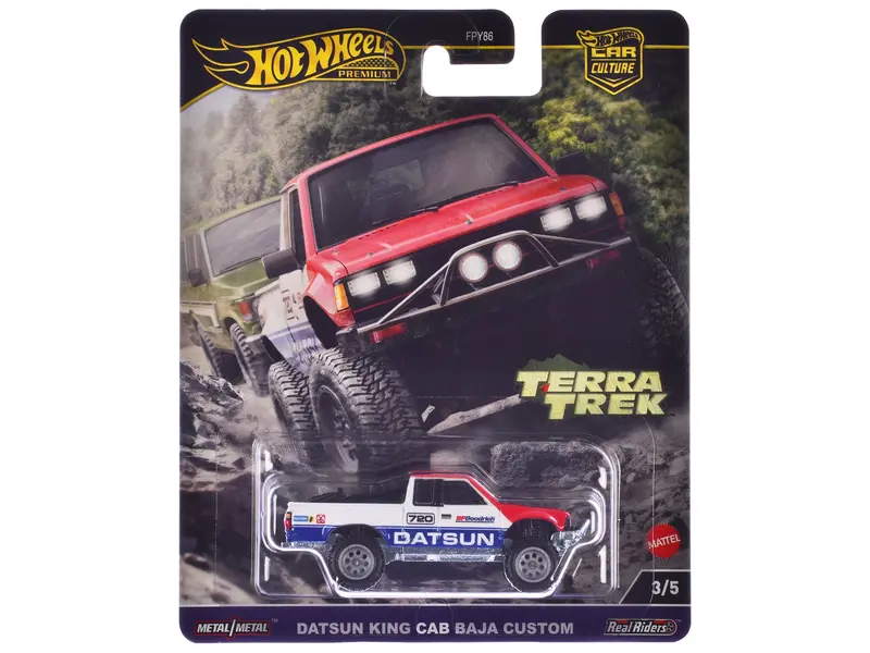 Datsun King Cab Baja Custom Pickup Truck #720 White And Blue With Red Hood "Terra Trek" Series Diecast Model Car By Hot Wheels 1