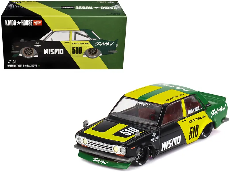 Datsun Street 510 "Racing V2" Black And Green With Yellow Accents (Designed By Jun Imai) "Kaido House" Special 1/64 Diecast Model Car By Mini Gt 1