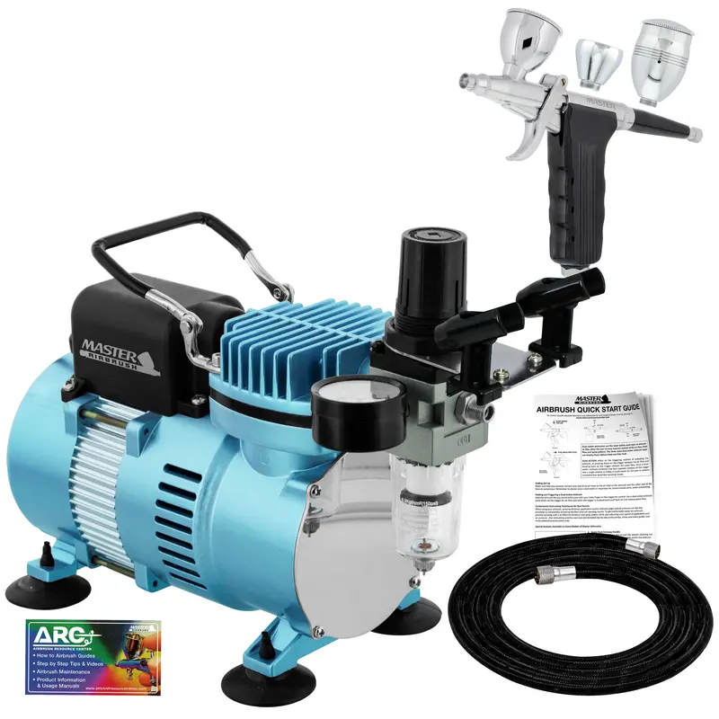 Deluxe Dual-Action Trigger Style Gravity Airbush With Cool Runner Ii Dual Fan Air Compressor System And Hose 1