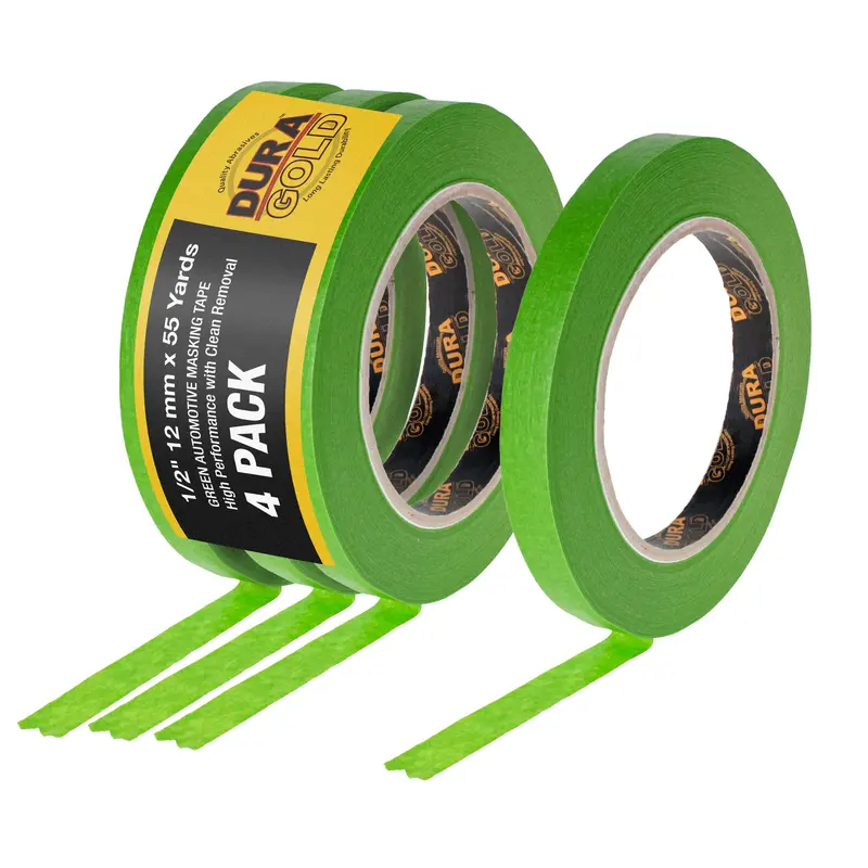 Dura-Gold Green Automotive Masking Tape 1/2 Inch (12Mm X 55 Yards), 4 Rolls - Premium High-Performance, Heat Resistant - Auto Refinish Painting, Car Detailing, Autobody, Industrial, Painters Tape 1