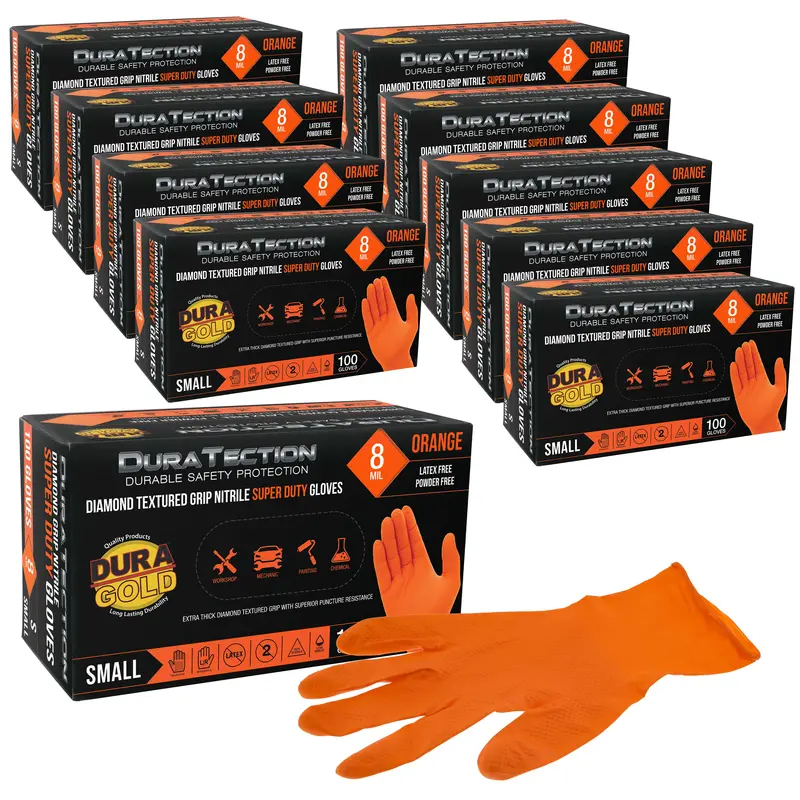 Duratection 8 Mil Orange Super Duty Diamond Textured Nitrile Disposable Gloves, 10 Boxes Of 100, Small - Latex Free, Powder Free, Food Safe, Safety Protection Work Gloves 1