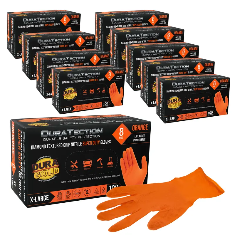 Duratection 8 Mil Orange Super Duty Diamond Textured Nitrile Disposable Gloves, 10 Boxes Of 100, X-Large - Latex Free, Powder Free, Food Safe, Safety Protection Work Gloves 1