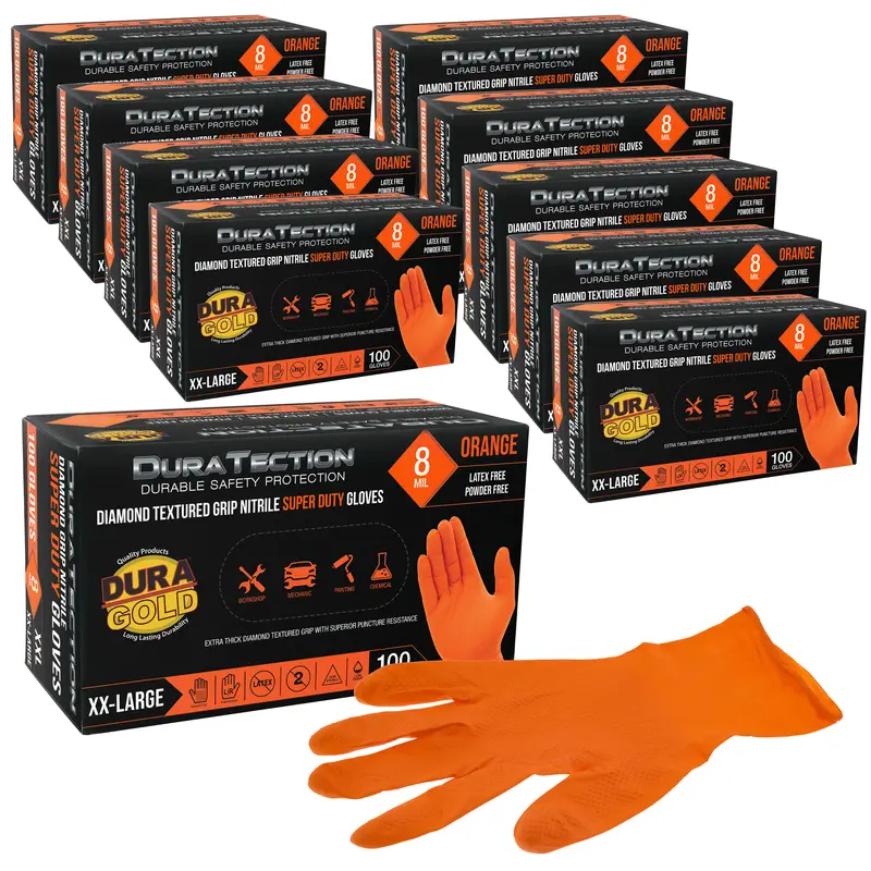 Duratection 8 Mil Orange Super Duty Diamond Textured Nitrile Disposable Gloves, 10 Boxes Of 100, Xx-Large - Latex Free, Powder Free, Food Safe, Safety Protection Work Gloves 1