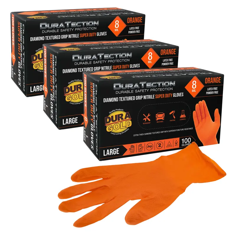 Duratection 8 Mil Orange Super Duty Diamond Textured Nitrile Disposable Gloves, 3 Boxes Of 100, Large - Latex Free, Powder Free, Food Safe, Safety Protection 1