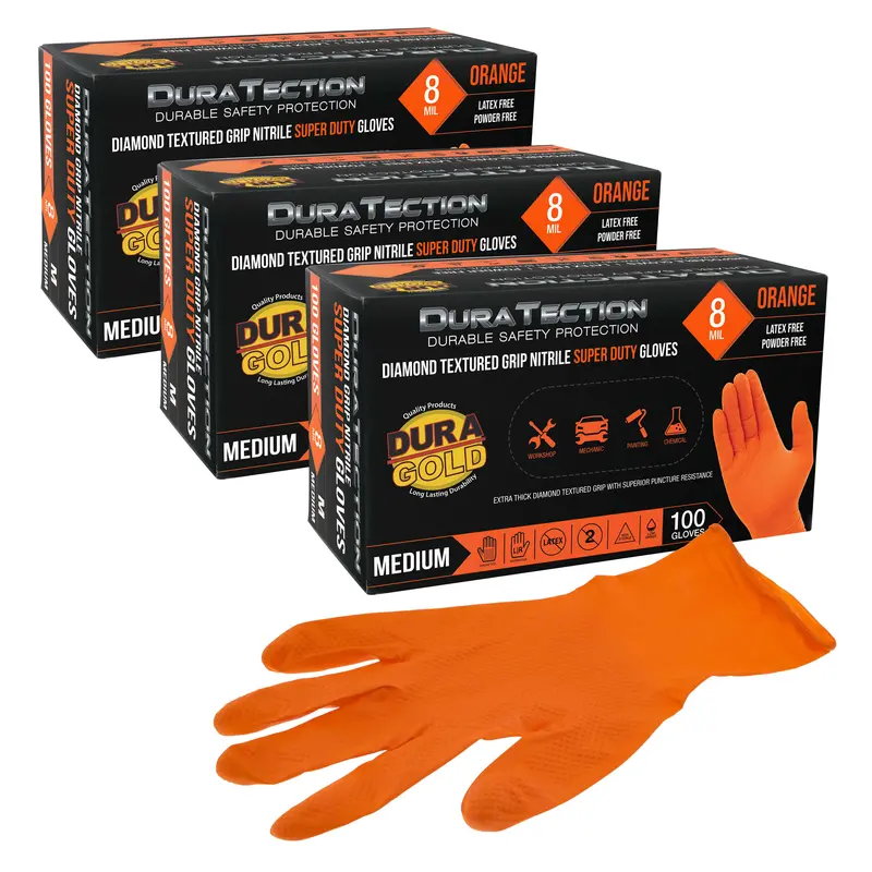 Duratection 8 Mil Orange Super Duty Diamond Textured Nitrile Disposable Gloves, 3 Boxes Of 100, Medium - Latex Free, Powder Free, Food Safe, Safety Protection Work Gloves 1