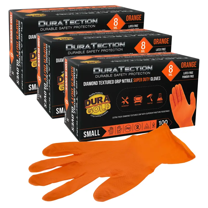 Duratection 8 Mil Orange Super Duty Diamond Textured Nitrile Disposable Gloves, 3 Boxes Of 100, Small - Latex Free, Powder Free, Food Safe, Safety Protection Work Gloves 1