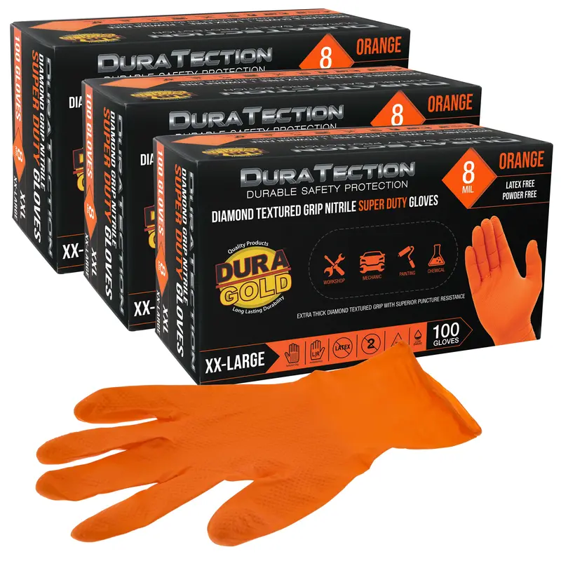 Duratection 8 Mil Orange Super Duty Diamond Textured Nitrile Disposable Gloves, 3 Boxes Of 100, Xx-Large - Latex Free, Powder Free, Food Safe, Safety Protection Work Gloves 1