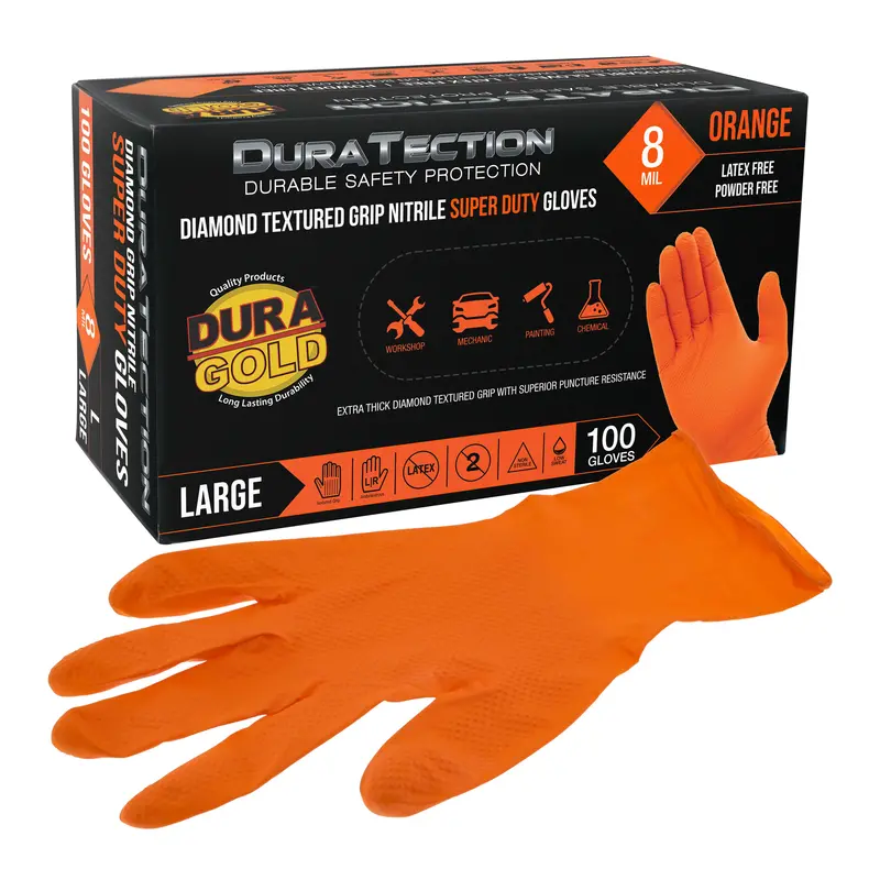 Duratection 8 Mil Orange Super Duty Diamond Textured Nitrile Disposable Gloves, Box Of 100, Large - Latex Free, Powder Free, Food Safe, Safety Protection Work Gloves 1