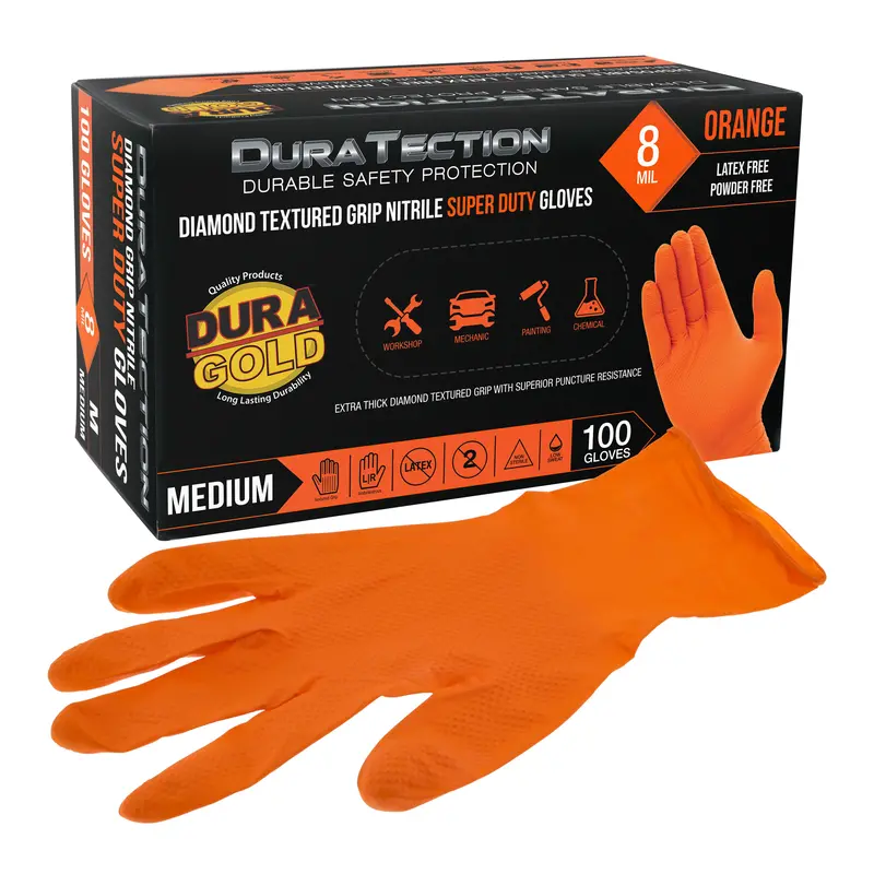 Duratection 8 Mil Orange Super Duty Diamond Textured Nitrile Disposable Gloves, Box Of 100, Medium - Latex Free, Powder Free, Food Safe, Safety Protection Work Gloves 1