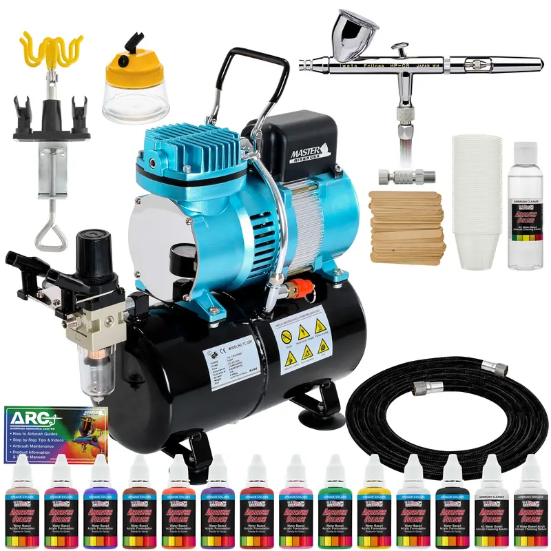 Eclipse Hp Cs Airbrush Set With Cool Runner Ii Dual Fan Air Tank Compressor System Kit, 12 Color Airbrush Paint, Hose, Holder, Cleaning Pot, Mix Cups 1
