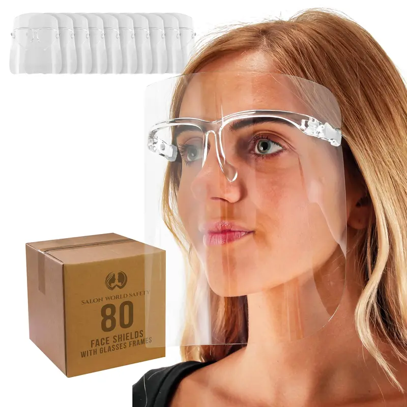Face Shields With All Clear Glasses Frames (20 Packs Of 4) - Ultra Clear Protective Full Face Shields, Protect Eyes Nose Mouth - Anti-Fog Pet Plastic 1