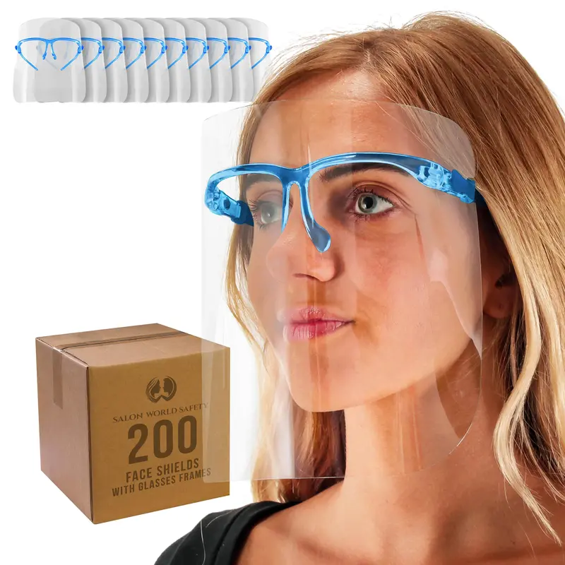 Face Shields With Blue Glasses Frames (20 Packs Of 10) - Ultra Clear Protective Full Face Shields To Protect Eyes, Nose, Mouth - Anti-Fog Pet Plastic 1