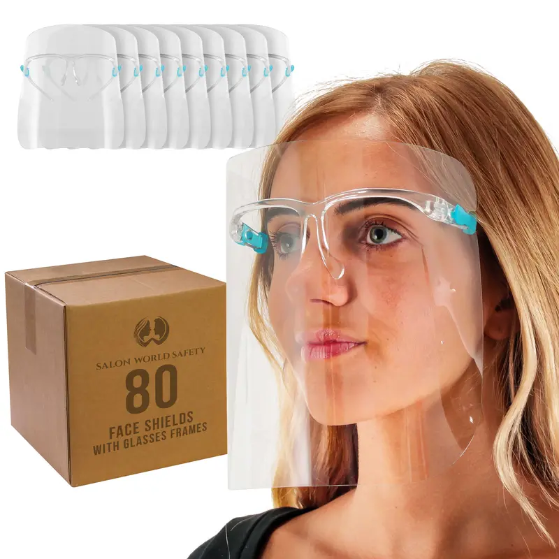 Face Shields With Glasses Frames (20 Packs Of 4) - Ultra Clear Protective Full Face Shields To Protect, Eyes, Nose, Mouth - Anti-Fog Pet Plastic 1