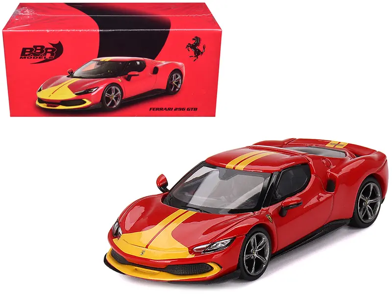 Ferrari 296 Gtb Assetto Fiorano Rosso Corsa Red With Yellow Stripes 1/64 Diecast Model Car By Bbr 1