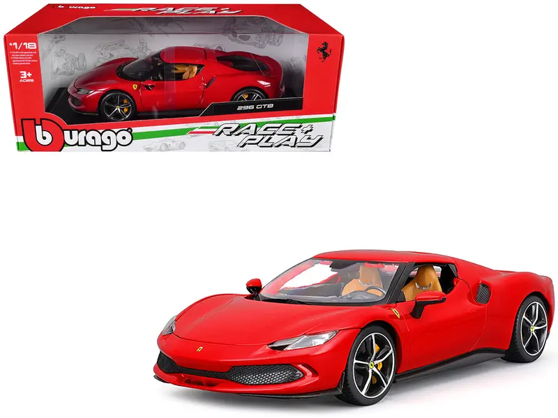 Ferrari 296 Gtb Red "Race + Play" Series 1/18 Diecast Model Car By Bburago 1