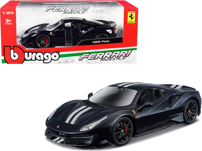 Ferrari 488 Pista Dark Blue Metallic With Silver Stripes 1/24 Diecast Model Car By Bburago 1