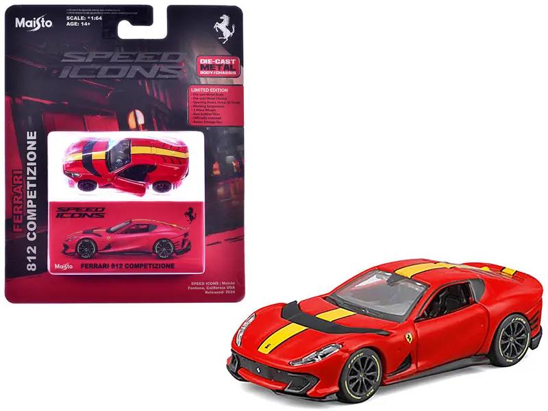 Ferrari 812 Competizione Red With Yellow Stripe "Speed Icons" Series 1/64 Diecast Model Car By Maisto 1