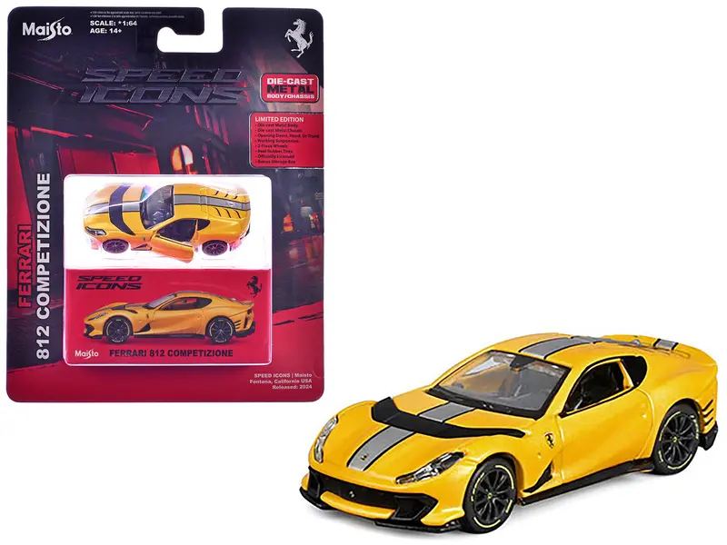 Ferrari 812 Competizione Yellow Metallic With Silver Stripe "Speed Icons" Series 1/64 Diecast Model Car By Maisto 1