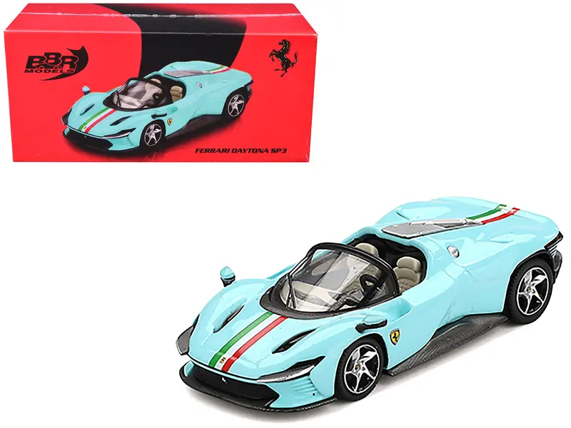 Ferrari Daytona Sp3 Light Blue With Italian Flag Stripes 1/64 Diecast Model Car By Bbr 1