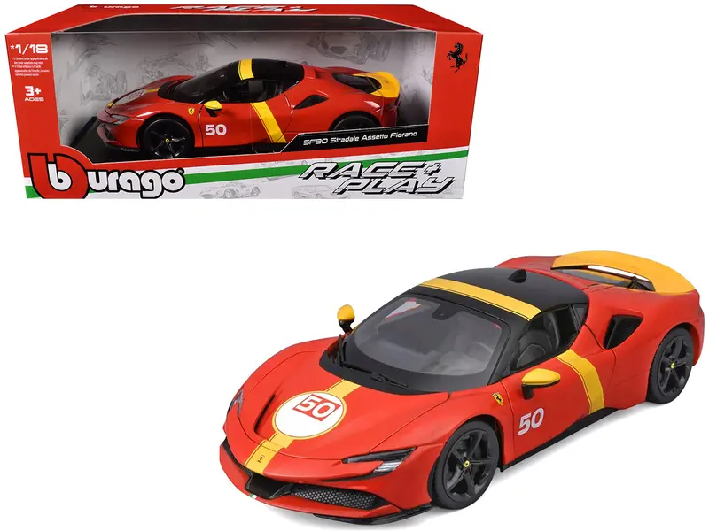 Ferrari Sf90 Stradale Assetto Fiorano #50 Red With Black Top And Yellow Stripes "Race + Play" Series 1/18 Diecast Model Car By Bburago 1