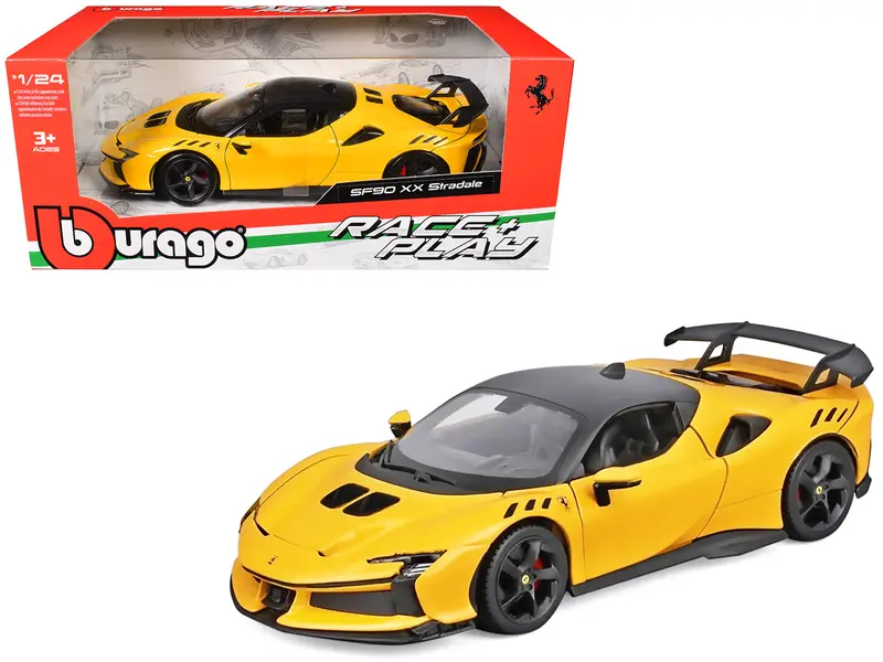 Ferrari Sf90 Xx Stradale Yellow With Black Top "Race And Play" Series 1/24 Diecast Model Car By Bburago 1