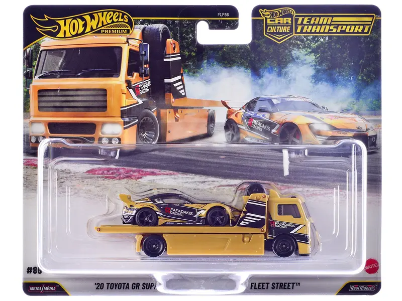 Fleet Street Flatbed Truck Yellow With Graphics And 2020 Toyota Gr Supra #15 Yellow With Black Graphics "Papadakis Racing" "Team Transport - Car Culture" Series Diecast Model Cars By Hot Wheels 1