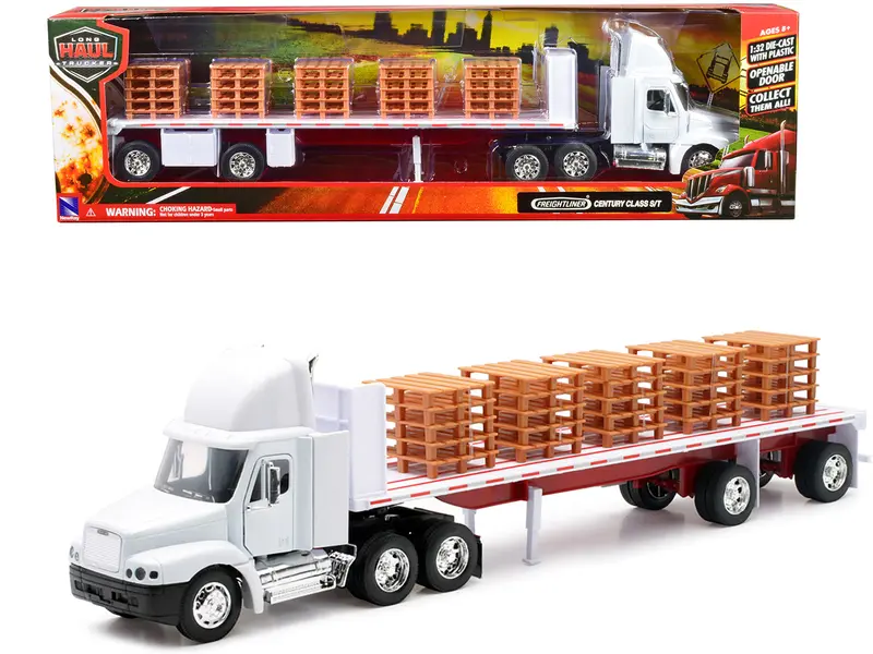 Freightliner Century Class S/T Flatbed Truck White With Pallet Accessories "Long Haul Trucker" Series 1/32 Diecast Model By New Ray 1