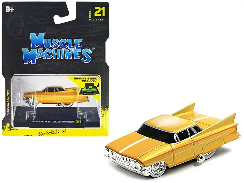Gene Winfield’S 1961 Cadillac Maybelline Yellow Metallic With White Stripes 1/64 Diecast Model Car By Muscle Machines 1