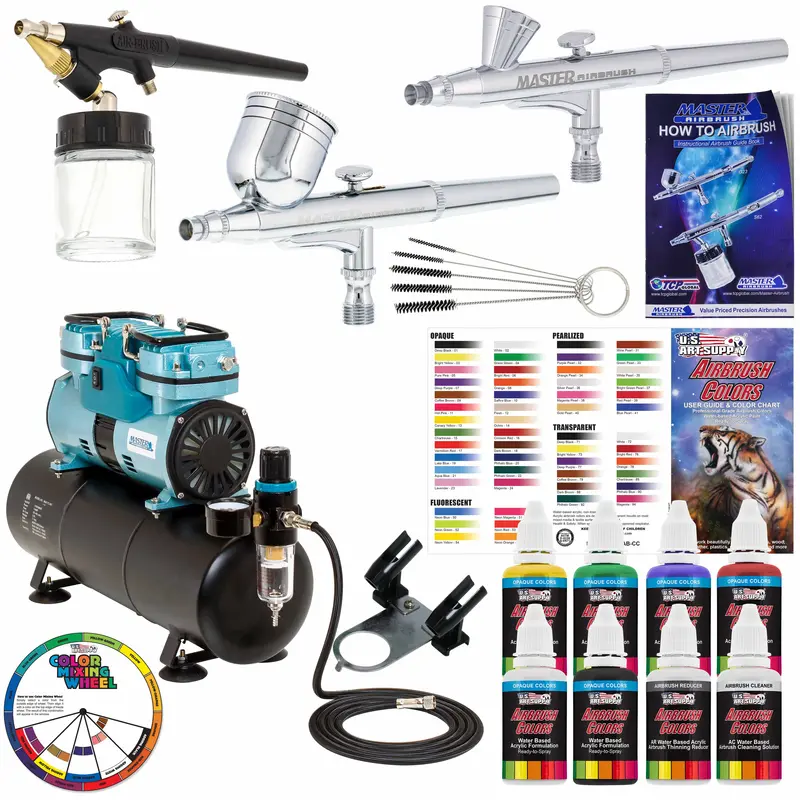 Gravity And Siphon Feed 3 Airbrushing System With 6 Primary Colors Acrylic Paint Set - Cool Running 1/4 Hp Twin-Piston Air Compressor, Storage Tank 1