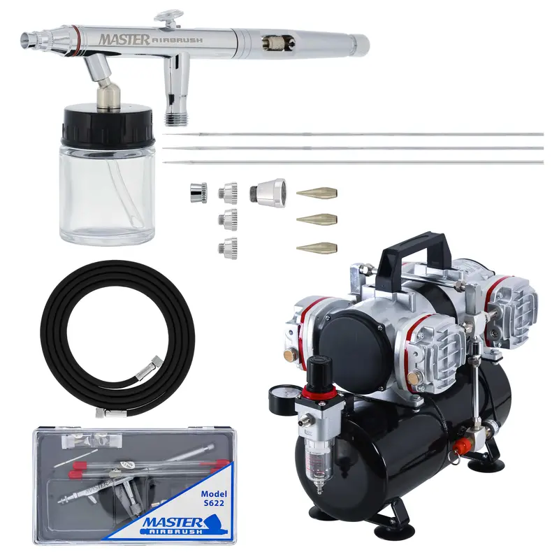 Hi-Flow All-Purpose Precision Dual-Action Siphon Feed 3 Tip Size Airbrushing System With Model 4 Cylinder Piston Air Compressor With Air Storage Tank 1