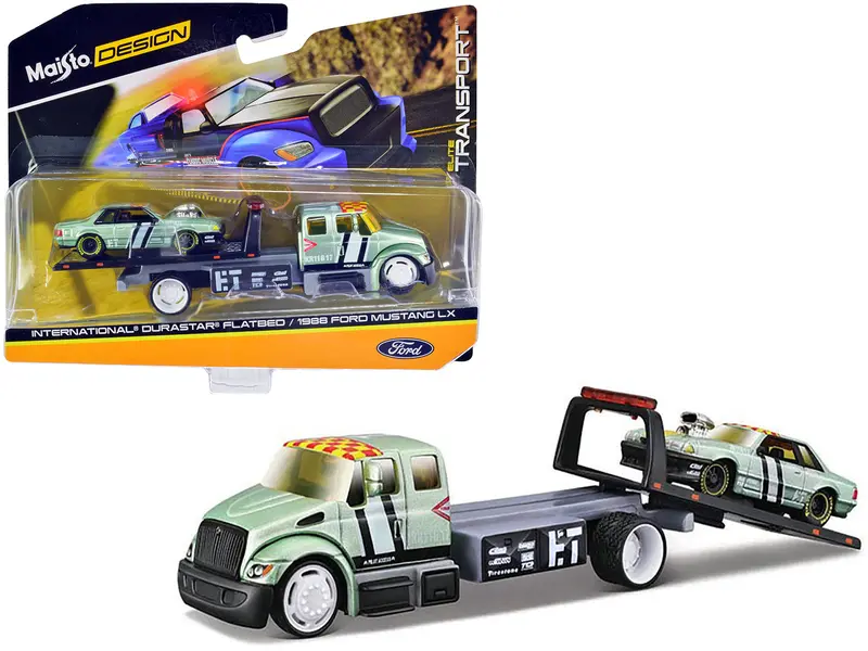 International Durastar Flatbed Truck #17 And 1988 Ford Mustang Lx #17 Light Green Metallic With Stripes And Graphics "Elite Transport" Series 1/64 Diecast Models By Maisto 1