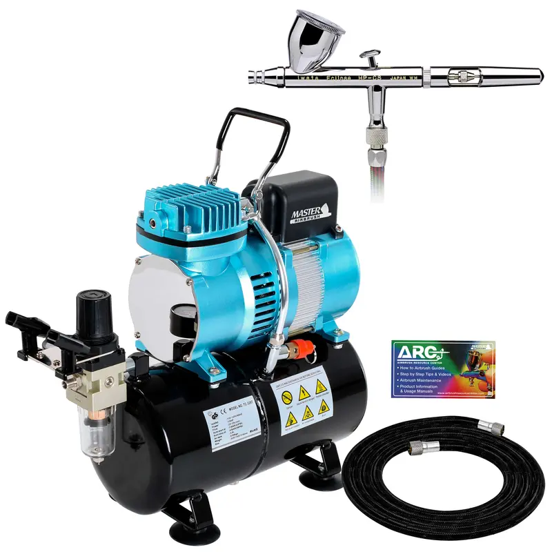 Iwata Eclipse Hp Cs Airbrush Set With 1/5 Hp Cool Runner Ii Dual Fan Air Tank Compressor System Kit, 0.35Mm Tip, Hose, Holder, How-To Guide 1