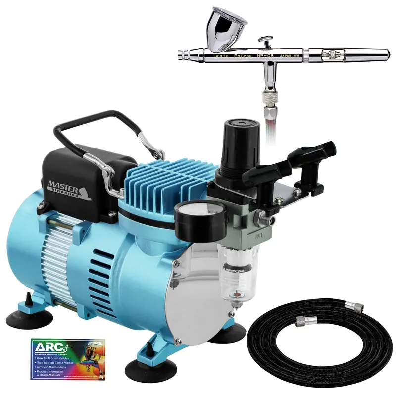 Iwata Eclipse Hp Cs Airbrush Set With A 1/5 Hp Dual Fan Air Compressor System Kit, 0.35Mm Tip, 6Ft Hose, Holder, How-To Guide 1