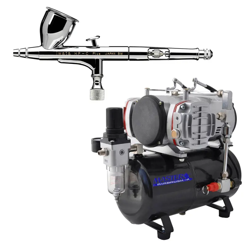 Iwata High Performance Plus Hp-C Plus Airbrushing System With Tc-828 Twin Piston Air Compressor With Air Storage Tank 1